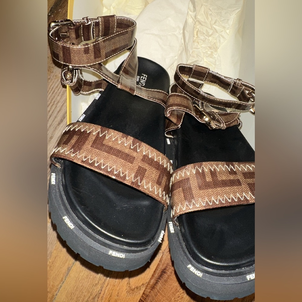 Authentic Fendi Women Sandals in Glossy Neoprene Jacquard FF Motif - Picture 3 of 6